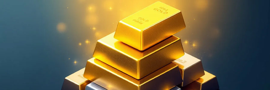 Gold bars and precious metals stacked together, representing safe haven investments.